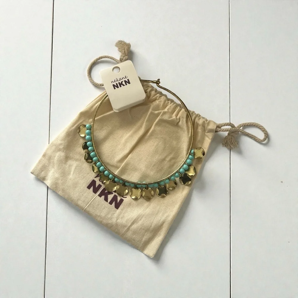 NKN Nekane Joyce Blue Beaded Gold Disc Distressed Choker Necklace NWT Reg. $89 - Picture 9 of 9